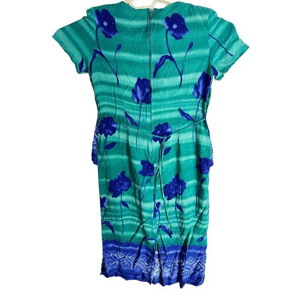 Vintage Miss Scarlett Midi Dress Size 12 Petite Blue Green Short Sleeve Artsy - Picture 3 of 8